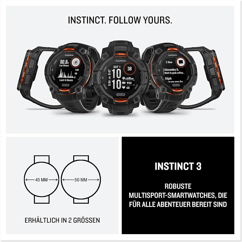 Instinct 3 45mm SOLAR – GPS-Multisport-Smartwatch, 0,9" Display, bis zu 28 Tage Akkulaufzeit, 80+ Sport-Apps, Navigationsfunktion, smarte Features, LED-Taschenlampe,Black, wasserdicht