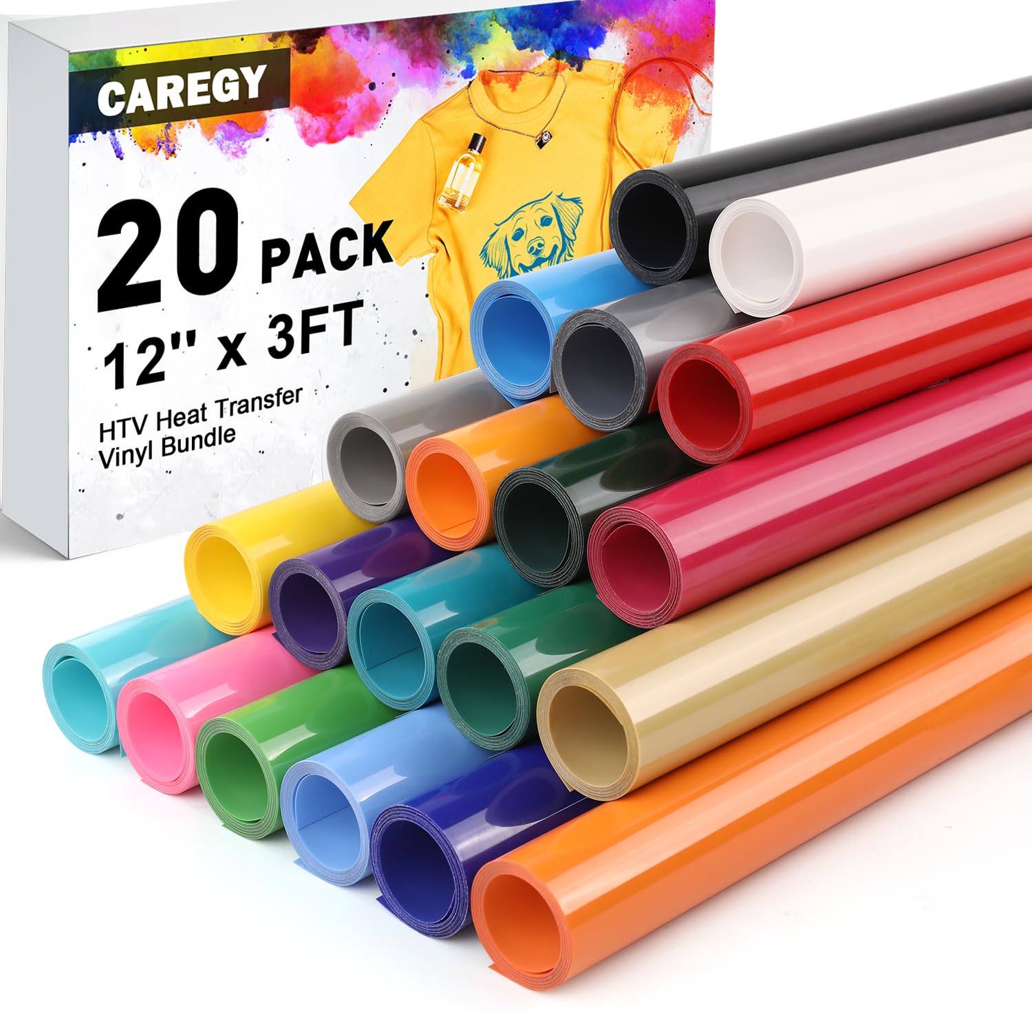 Photo 1 of CAREGY Heat Transfer Vinyl HTV for DIY T-Shirts 12 Inches by 3 Feet Rolls (20 Pack)