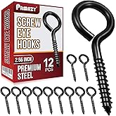 PAMAZY 12Pcs Black Screw Eyes, 2.56 Inch Heavy Duty Eye Hooks for Wood Securing Cables Wire, Hammock Stand, Indoor & Outdoor Use
