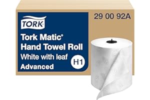 Tork Matic Hand Towel Roll, White With Gray Leaf, Advanced, H1, 100% Recycled Fiber, High Absorbency, Medium Capacity, 2-Ply, 6 Rolls x 525 ft - 290092A