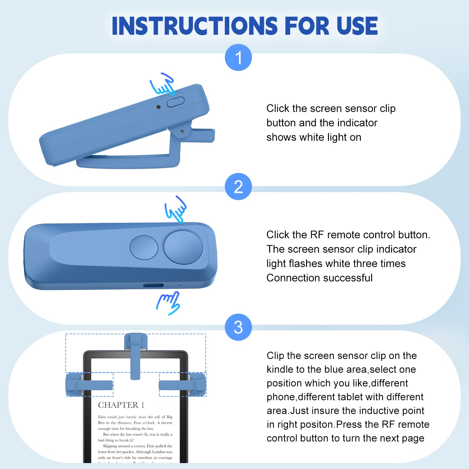 Exdeploy RF Kindle Remote Page Turner,Page Turner for Kindle Paperwhite Oasis,iPhone, iPad,Android Ebook Page Turn,Camera Video Record Remote (Blue)