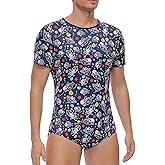 Somniumnight Adult Onesie Pajamas for Mens: Snap Crotch One Piece Shark Blue Bodysuit - Short Sleeve Cute Romper Underwear