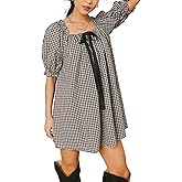 Women's Plaid Babydoll Short Dress Puff Sleeve Cute Tie Mini Dress Gingham Spring Dresses