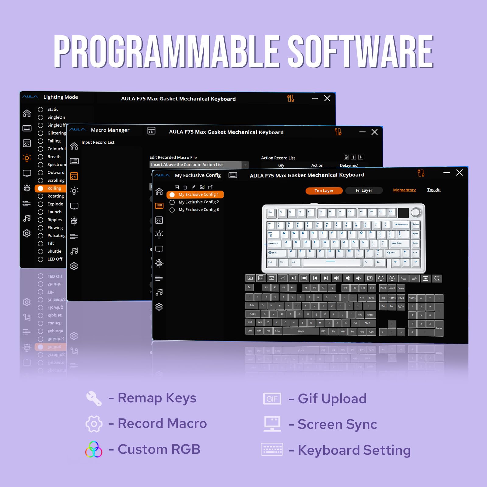 Epomaker X Aula F75 Max Tri-Mode Wireless Gaming Keyboard, Tft Screen, Knob, Hot Swappable, 2.4Ghz/Type-C/Bt5.0, Gasket Creamy, For Pc/Mac/Office/Gaming (White Purple, Reaper Switch) - View 7