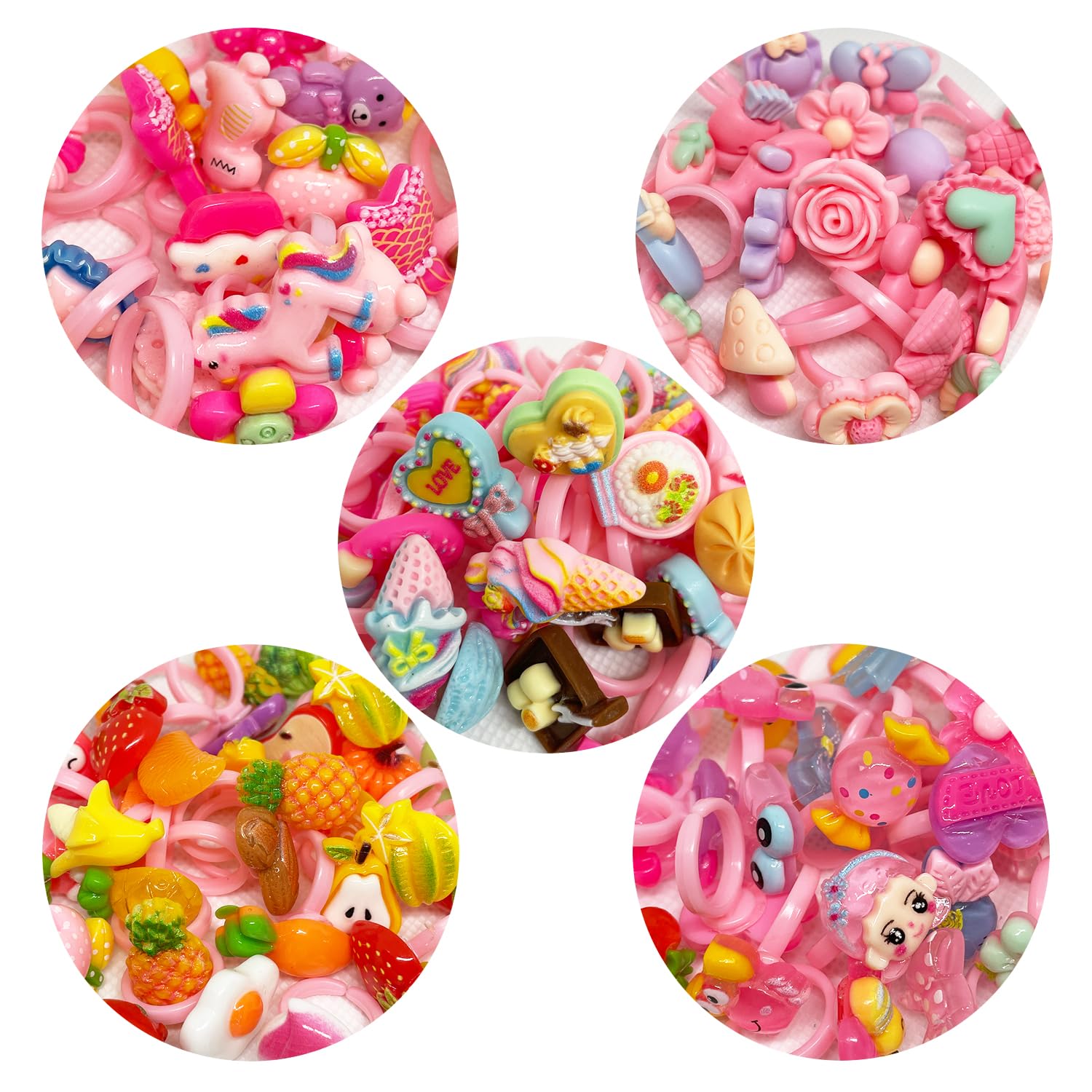 BOSOIRSOU 100 pcs Dress Up Rings, Adjustable Cute Rings for 4-12 Year Old Girl Girl, Pretend Play and Dress Up Toy Rings for Birthday Christmas Holiday Party Gifts