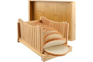 CEOJPA Bamboo Bread Slicer with 3 Adjustable Thickness, Foldable Compact Cutting Guide with Crumb Tray, Easy to Slice Homemade Bread, Bagels, Cakes