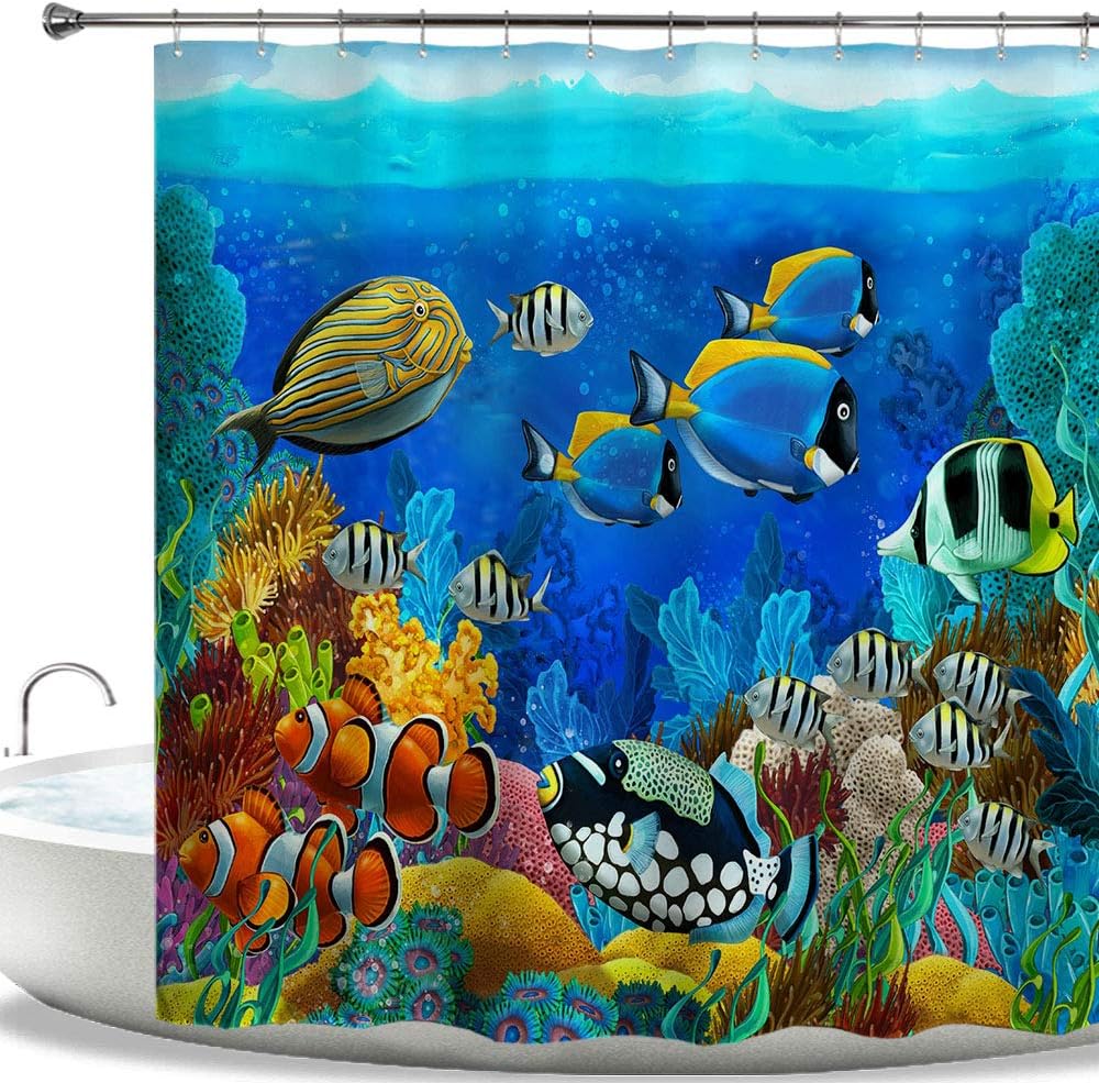 HIYOO Bathroom Underwater Fish Theme Shower Curtain with