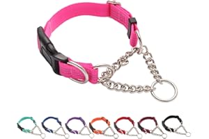 Yunleparks Martingale Dog Collar with Quick Release Buckle Steel Chain No Pull Training Reflective Collar for Medium Large Dogs(Pink, Large)