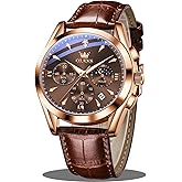 OLEVS Men's Leather Analog Quartz Watch - Luxury Chronograph Wristwatch With Date, Waterproof, Luminous - Dress Style