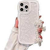 rozouai Compatible for iPhone 13 Case for Women Girls,Cute White Flowers Pattern Curly Wave Wavy Frame Shape Shockproof Soft with Bowknot Bracelet Chain
