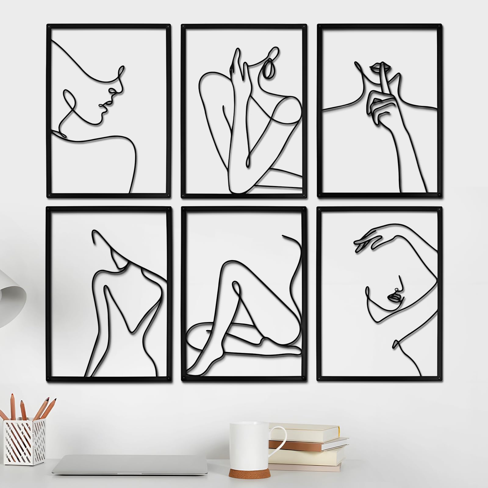 Photo 1 of 6 PCS Black Metal Wall Art Decor, Minimalist Line Women Body Décor, Abstract Framed Wall Art for Bedroom Living Room Bathroom Kitchen, 13.8 X 9.8 Inches