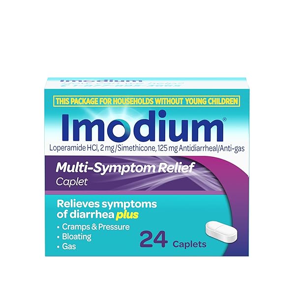 IMODIUM MULTI-SYMPTOM RELIEF CAPLETS WITH LOPERAMIDE HYDROCHLORIDE & SIMETHICONE, ANTI-DIARRHEAL MEDICINE FOR TREATMENT OF DIARRHEA, GAS, BLOATING, CRAMPS & PRESSURE, TRAVELER’S DIARRHEA, 24 CT