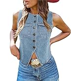 Tankaneo Womens Going Out Denim Vest Tops Trendy Cropped Sleeveless Button Down Fitted Jean Tank Tops Y2K Waistcoat