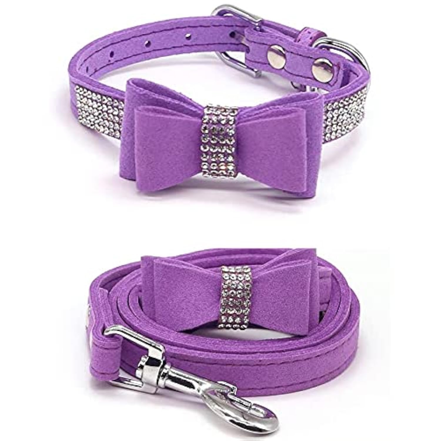 Dog Collar with Leash Set Pet Collars and leashes Adjustable Dog Cat Rhinestone Bowknot Crystal Bling Dog Collar for Small Dogs Medium Dogs Purple XXS