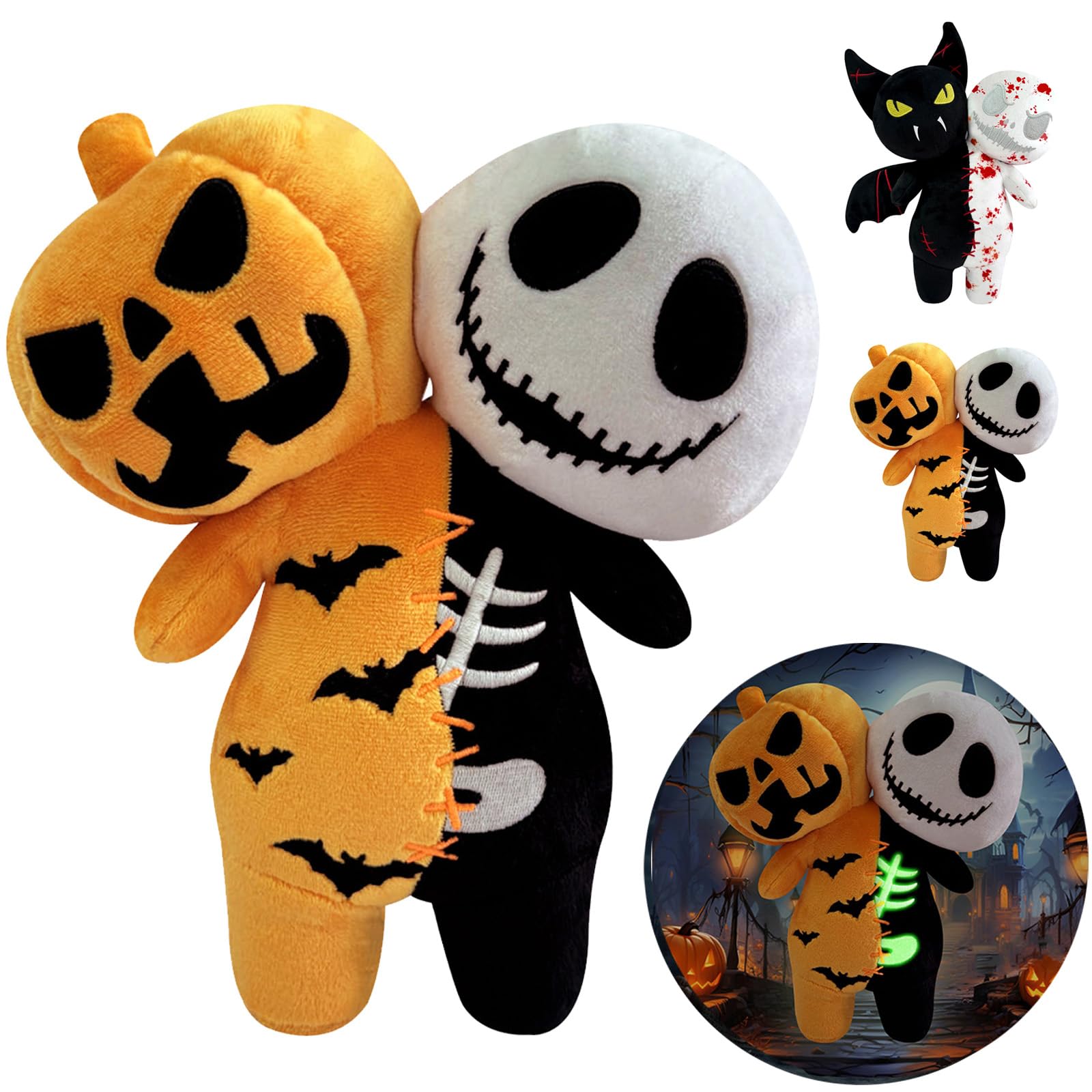 POPOYU Halloween Stuffed Plush Doll Toys,Halloween Double Bodies 2in1 Pumpkins Skeleton Plushies Soft Pillow Cuddly Toys,HalloweenTeddy Plush for Adult Kids Gifts,Halloween.Home Sofa Decoration