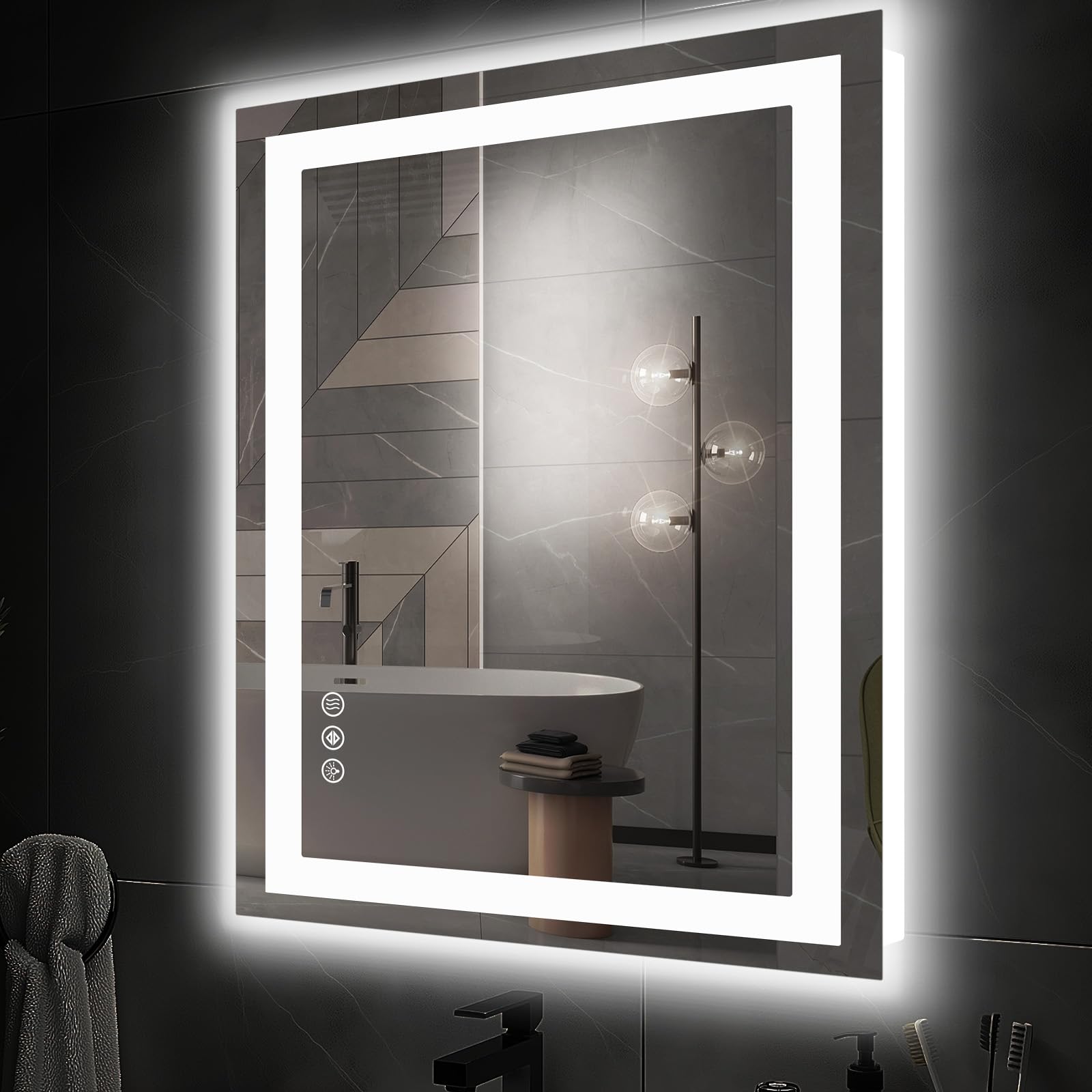 DUMOS 36″x 28″ LED Bathroom Mirror with Lights, Dimmable Anti-Fog Front Lit Backlit Lighted Wall Mounted Rectangle for Vanity Makeup Memory Function Tempered Glass Shatter-Proof Horizontal&Vertically