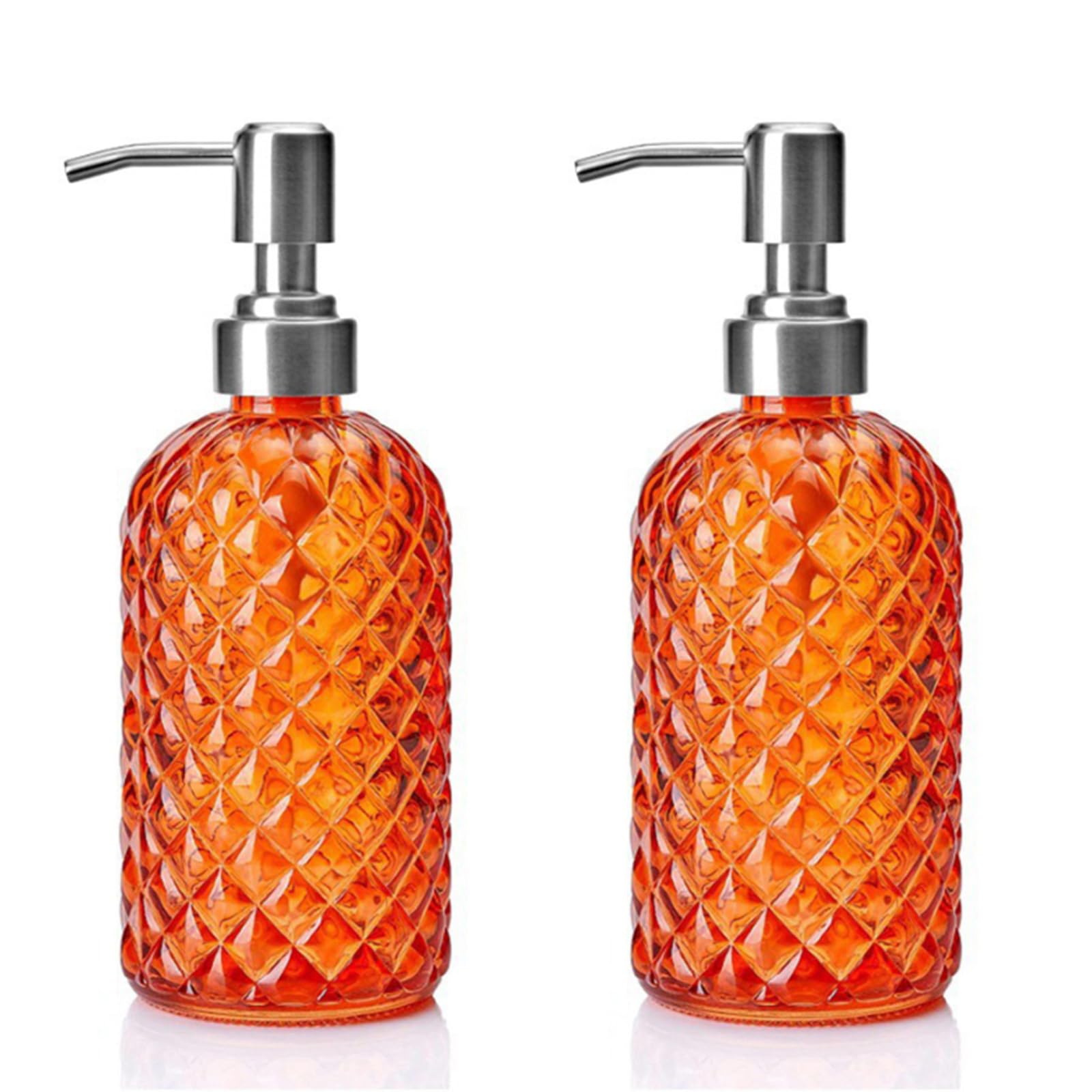 Soulnioi Soap Dispenser Set, 2Pcs Lotion Dispenser Bottle with Rustproof Stainless Steel Pump Refillable Liquid Soap Jar Dispenser for Bathroom, Kitchen, Countertop, Laundry Room - Orange