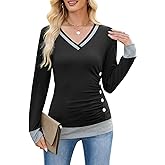 Women Tunic Tops Dressy Casual Color Contrast Long Sleeve Blouse V Neck Shirts Pleated Slim Top