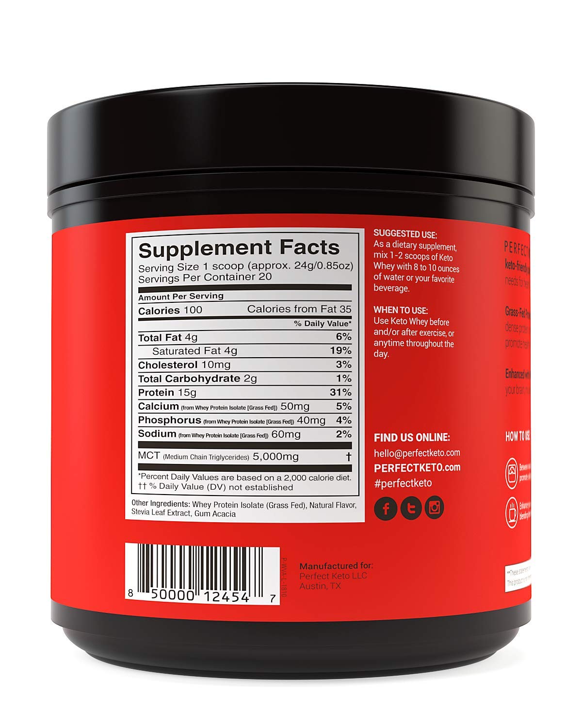 Pure Vanilla Whey Protein Powder Isolate by Perfect Keto | Delicious 100% Grass Fed Whey | All Natural | No Artificials, Gluten Free, Soy Free, Non-GMO