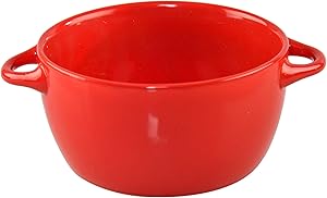 HOME-X Soup Bowl with Handles, Red Ceramic Bowl, Microwaveable Serving Bowl, 26 Ounces, 8" L x 5 3/4" W x 3" H, Red