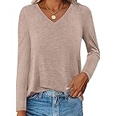 Ovanviso Womens V Neck Long Sleeve Shirts Casual Curved Hem Tunic Tops Basic Loose Fit T Shirts Tees
