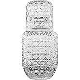 Bedside Water Carafe and Glass Set for Bedroom Nightstand, Bedside, Ticked Glass Mouthwash Decanter for Bathroom, Water Pitcher Set 18.5 oz