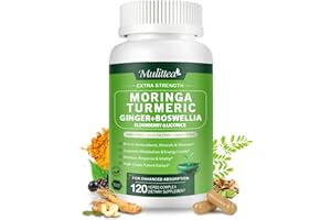 MULITTEA Moringa Capsules Organic 1000mg, 7-in-1 Superfood with Turmeric, Ginger, Elderberry, Licorice & Boswellia - Support Immune, Skin, Gut & Antioxidant-Non-GMO, GMP, 120 Vegan Capsules, 2 Months Supply