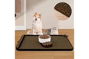 RAOUOEN Dog Food Mat, Silicone Dog Mat for Food and Water -Pet Feeding Mats with Residue Collection Pocket, Waterproof Dog Cat Bowl Mats with Raised Edges and Hooks, Placemats for Cats and Dogs Water Bowl