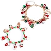 2pcs Christmas Charm Bracelets, Christmas Jingle Bell Diamond Ball Crystal Bead Bracelet And Rice Bead Bracelet Xmas Beaded Stretch Bracelets Perfect Christmas Jewelry Celebration Gifts for Women