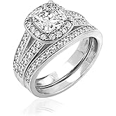 Amazon Essentials Sterling Silver Platinum Plated Infinite Elements Cubic Zirconia Cushion Halo Ring, (previously Amazon Collection)
