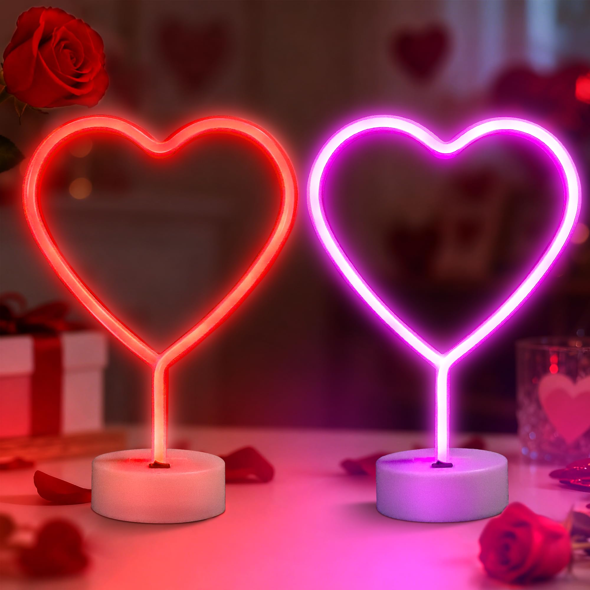 Photo 1 of [Timer] Valentines Day Decorations, 2 Pack Heart Neon Signs Valentines Day Decor, USB & Battery Operated Valentines Decor Red Pink Neon Lights, Valentines Day Decorations for Home Table Party Room