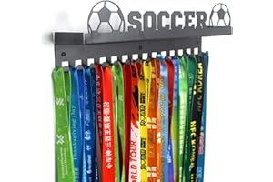 URBN BY MODERN HOME FINISHINGS Metal Wall Mount Sports Soccer Design Kids & Adults Sports Medal Hanger and Ribbon Display Holder Rack with 3" Trophy Shelf and Easy Hanging Hooks - Black
