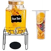 2 Gallon Glass Drink Dispenser with Stand and Bamboo Lid, Lemonade Dispenser with Stainless Steel Spigot, Glass Beverage Dispenser for Parties, Weddings, Kombucha, BBQ