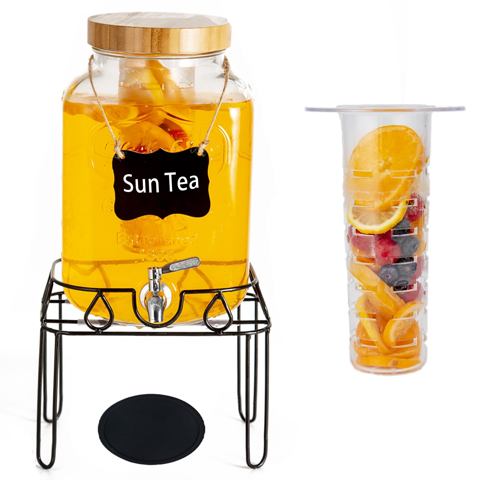 View 1 of 2 Gallon Glass Drink Dispenser with Stand and Bamboo Lid, Lemonade Dispenser with Stainless Steel Spigot, Glass Beverage Dispenser for Parties, Weddings, Kombucha, BBQ