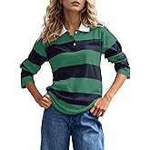 Burtell Fall Striped Polo Long Sleeve Shirts for Women Casual Button Lapel V Neck Color Block Tops Vintage Rugby Shirt Blouse