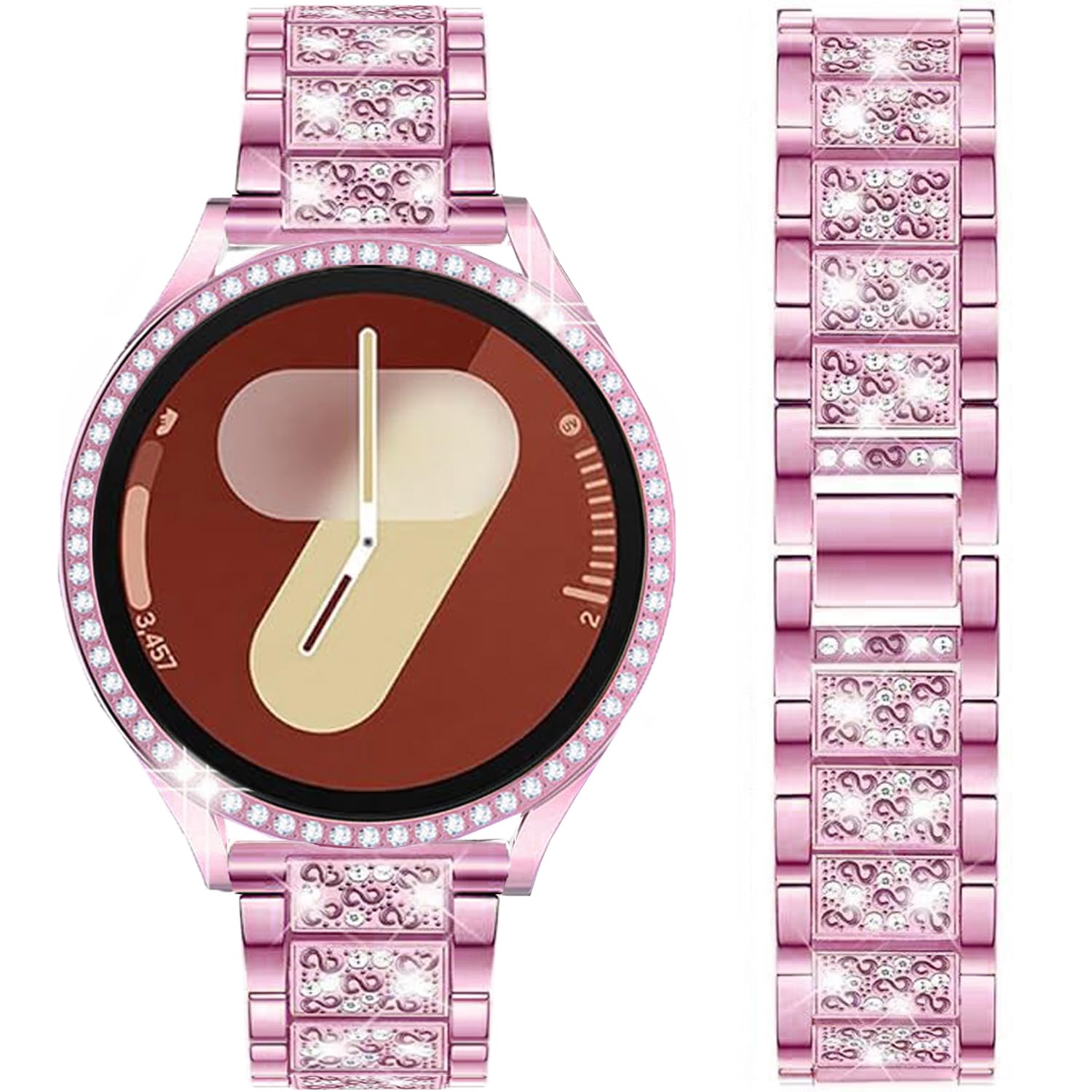 DEALELE Bands Compatible with Samsung Galaxy Watch 7 / 6 / 5 / 4 / FE 40mm / 44mm / 5 Pro 45mm, 20mm Bling Rhinestone Diamond Metal Strap with Protective Case Replacement for Women Men (2# Pink, galaxy 7 (44mm))