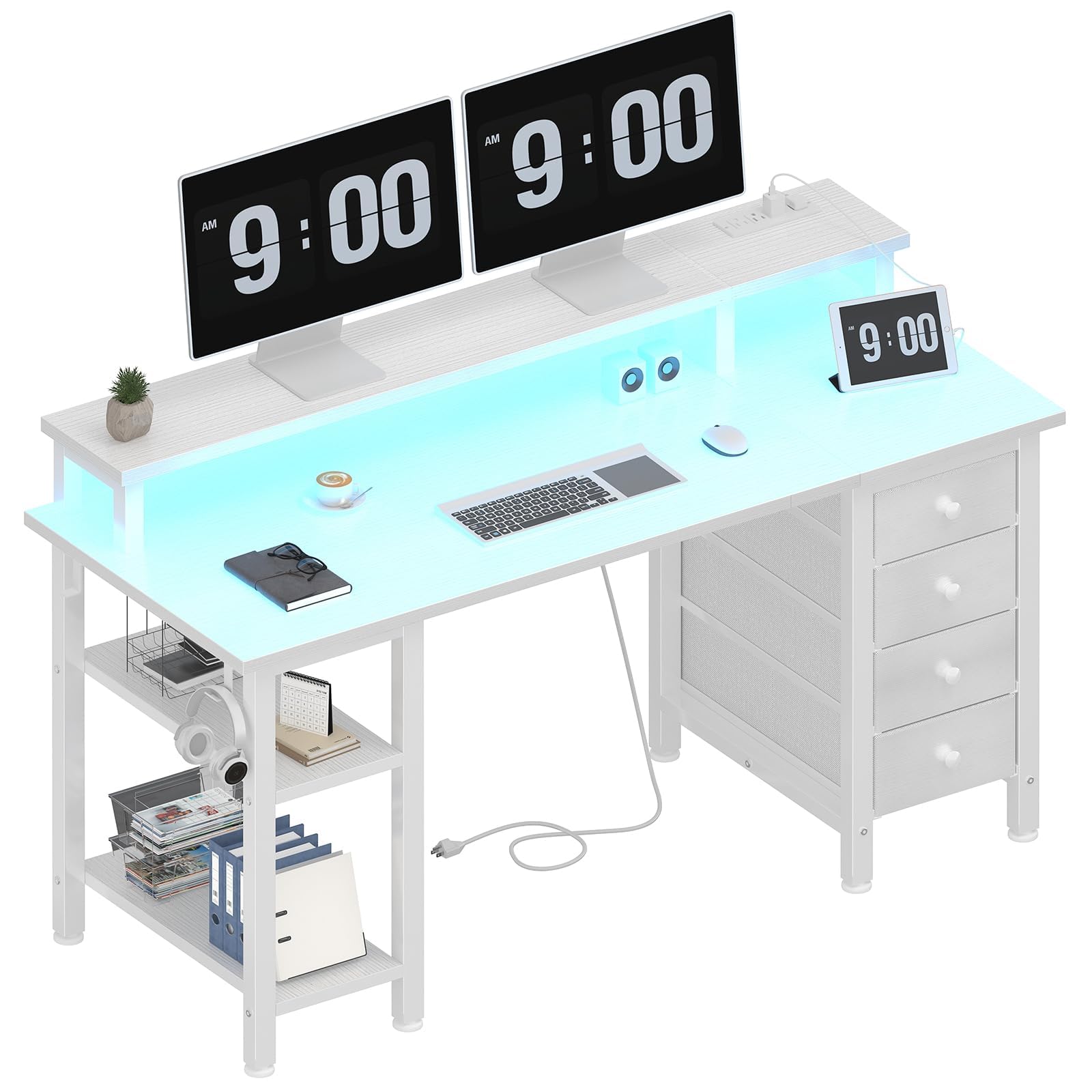 Photo 1 of Lufeiya White Desk with Drawers Storage - 47 inch Home Office Computer Gaming Desks with Monitor Stand LED Lights and Power Outlets, White