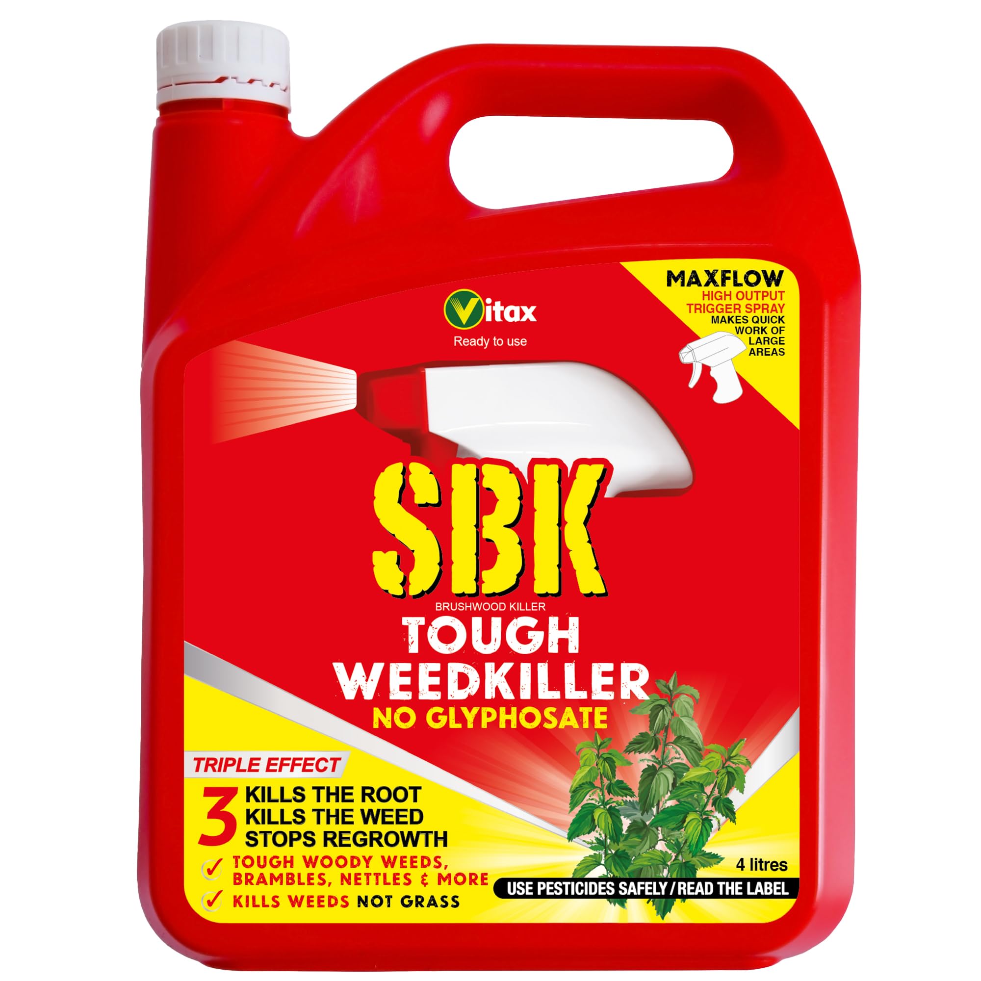 Vitax Sbk Brushwood Killer Tough Weedkiller, Kills Down To The Roots, Suitable For Brambles, Nettles, Dock, Woody Weeds, Hardwood & Tree Stumps, Wont Kill Grass, Ready To Use - 4L