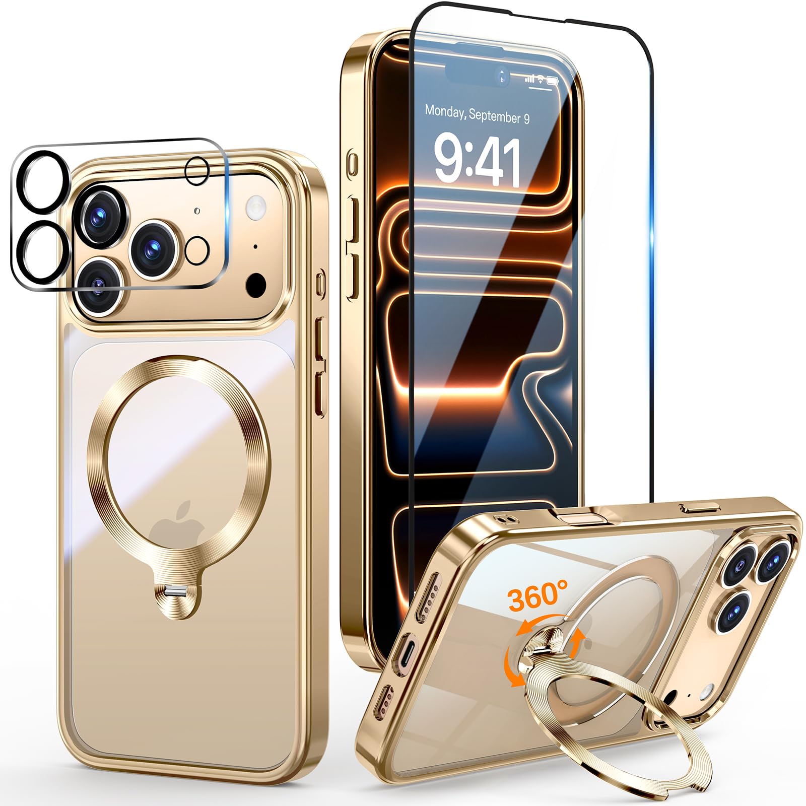 Photo 1 of [Tri-Shield Protection] for iPhone 17 Pro Case with 360° Spin Stand Compatible with MagSafe [Magnetic CD Ring] [Screen & Camera Lens Protector] Shockproof Plating Never-Yellowing, Gold-6.3"