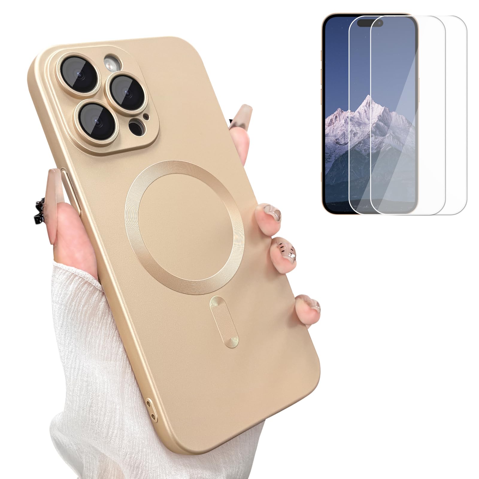 ankofave Magnetic Case for iPhone 14 Pro Max Case for Women, [Compatible with MagSafe] Matte Soft Metallic Design with Lens Protectors and 2 Screen Protectors for iPhone 14 Pro Max 6.7"-Champagne Gold