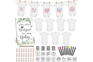 Silicherry 64 Pcs Baby Shower Games Bodysuit Design Games Include 1 Game Wooden Sign 12 Newborn Bodysuit 10 Fabric Markers 24 Clothespins 16 Stencils 1 Hemp Rope for Baby Shower Gender Reveal Party