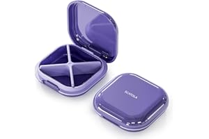 ONTERATE Small Pill Case, Travel Pill Box, Portable Pill Organizer, Pill Container for Pocket 4 Compartments, Daily Compact Travel Medicine Holder for Vitamins Medication (Purple)