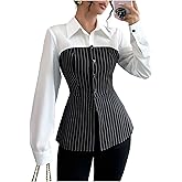 SweatyRocks Women's Long Sleeve Button Down Fitted Color Block Striped Blouses Shirts Elegant Work Tops