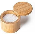 Husfunov Bamboo Salt Cellar, Magnetic Swivel Lid Salt Box, Round Container for Storing Pepper Sugar Herbs, 6 Ounce Capacity