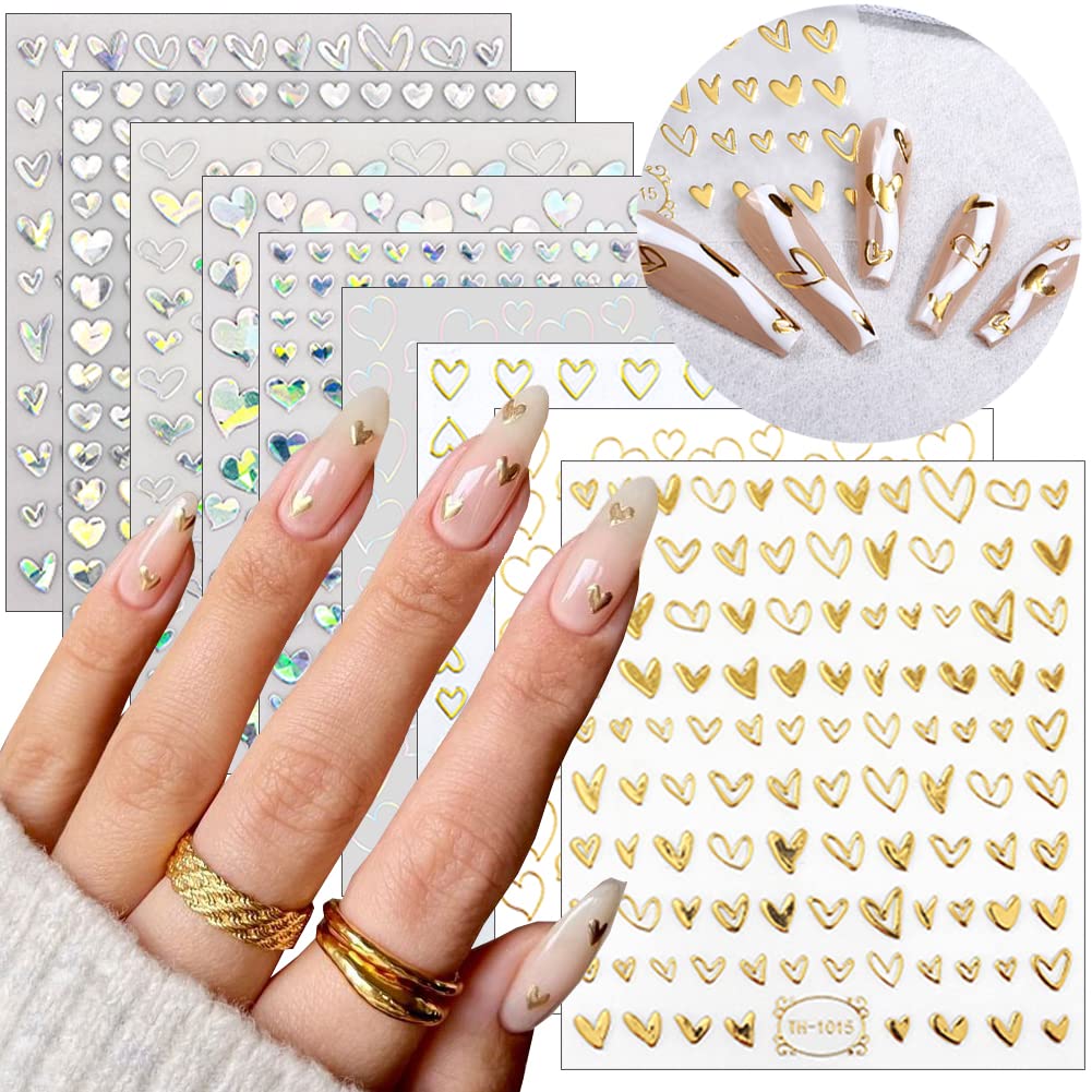 9 Sheets Heart Nail Art Stickers - Metallic Nail