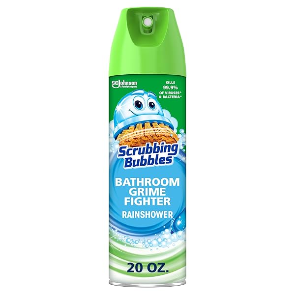 SCRUBBING BUBBLES BATHROOM AND SHOWER CLEANER DISINFECTANT AEROSOL, FOAMING ACTION BATHROOM GRIME FIGHTER, RAINSHOWER SCENT, 20OZ
