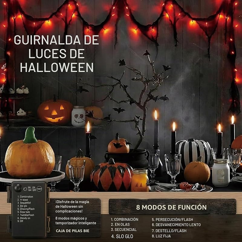 Grinalda decorativa de Halloween laranja com gaze preta, 3 m, 30 LED, a pilhas, 8 modos e temporizador, IP65, resistente à água, iluminação de Halloween, interior e exterior, para