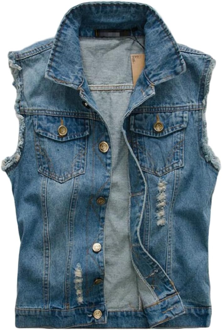 lovever Mens Slim Fit Sleeveless Lapel Denim Vest Ripped Holes Jean Jacket Waistcoat