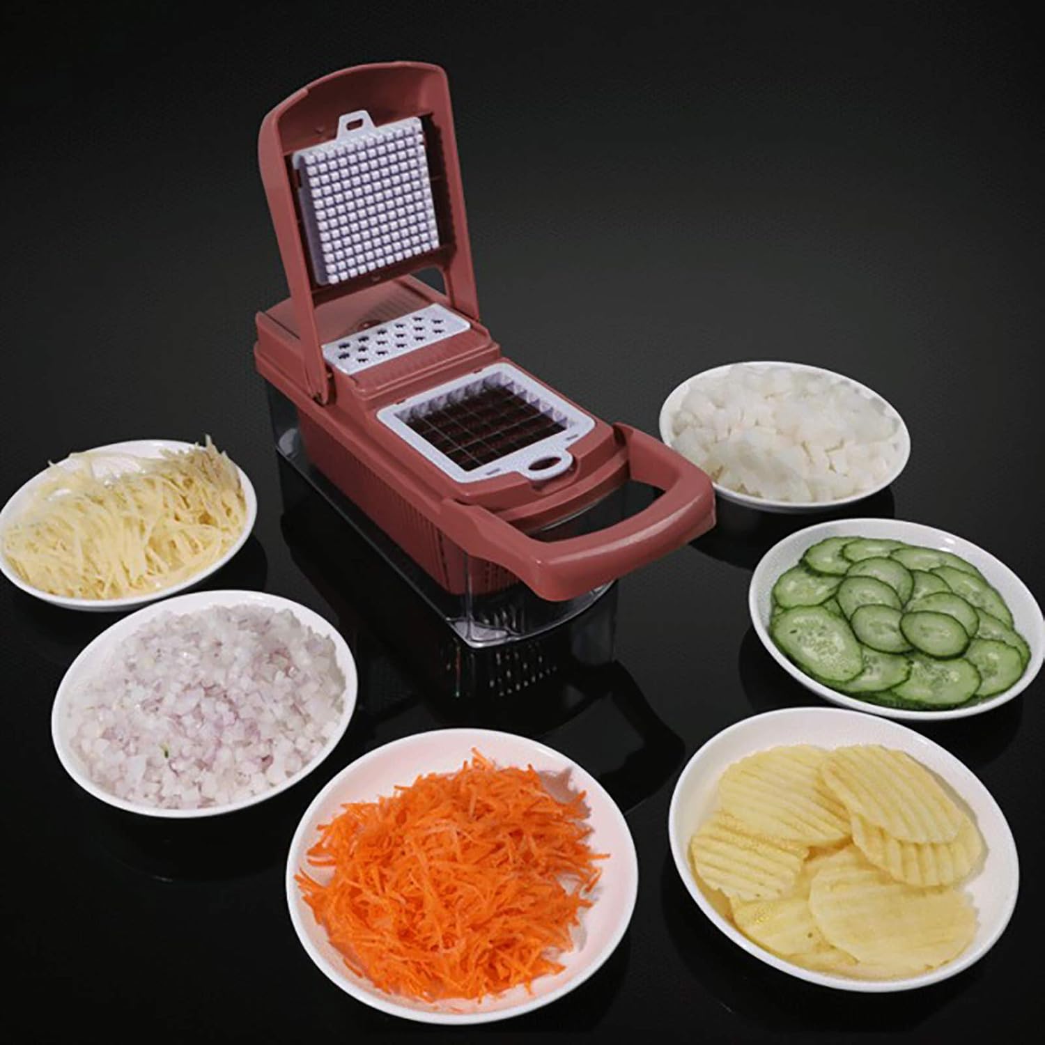 9 in 1 Vegetable Chopper,Vegetable Slicer Grinder Multifunctional Onion Mincer Chopper with Egg Separator Squeezer,Food Chopper Processor with Hand Guard Clean Brush for Food Prep-Red 32x11x11cm(12x4x