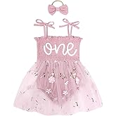 DLLYING Baby Girl First Birthday Outfit Summer Sleeveless Smocked Fairy Berry One Romper Tulle Dress + Headband